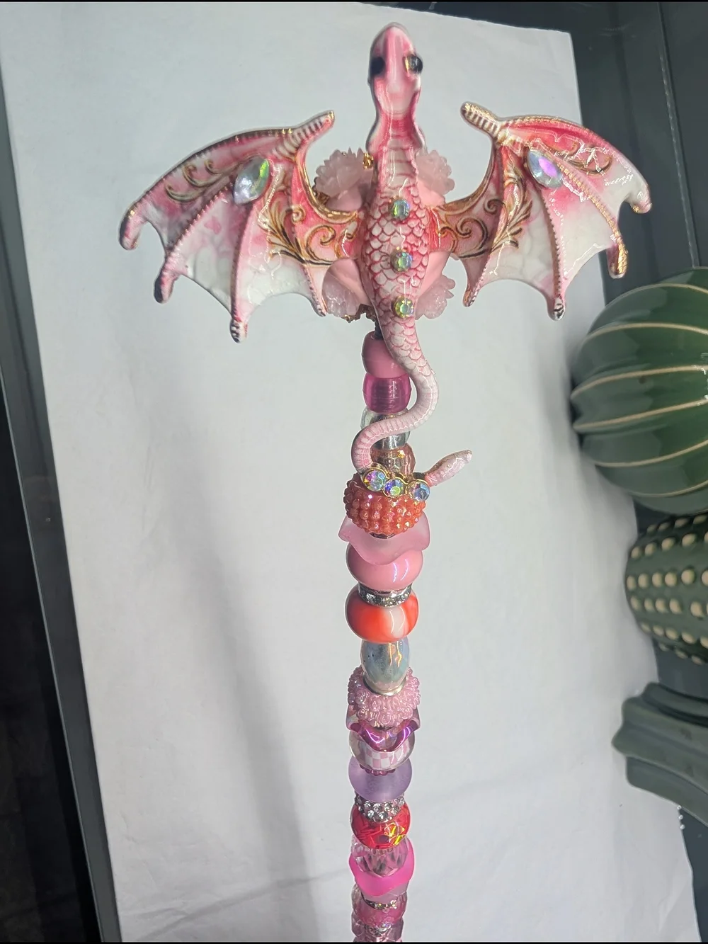 Handcrafted Fairy Wand/Plant/Garden Stake W/Pink Dragon Topper